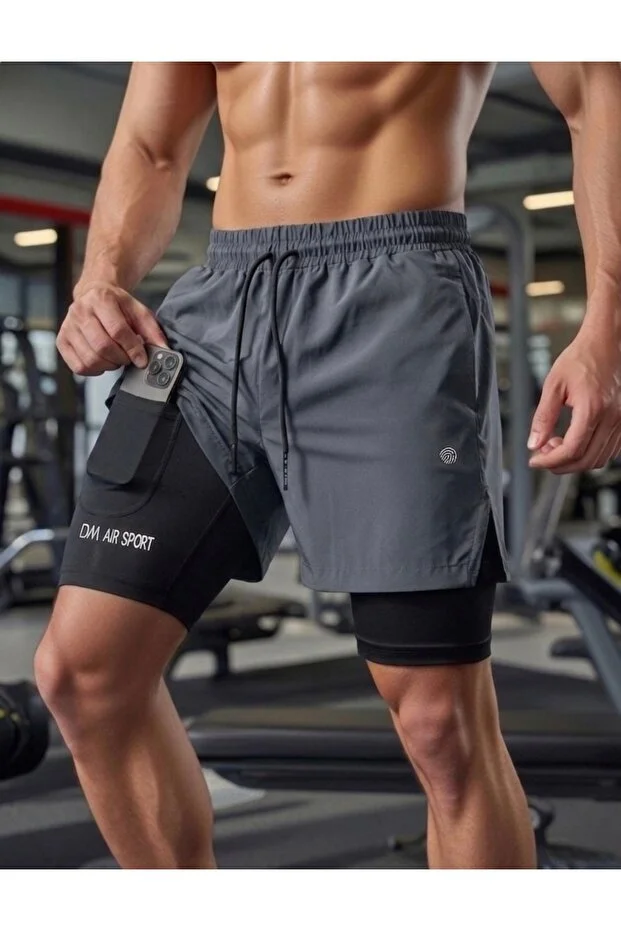 2 In 1 Şort Yazılı, Deniz, Havuz, Gym ve Fitness Hızlı Kuruma telefon cep'li Bel havluluk Ekstra İç File Astarlı Outdoor